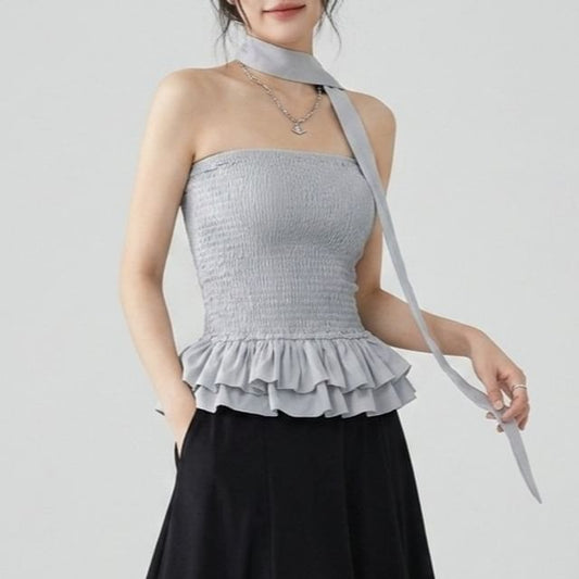 Smocked Ruffle Hem Crop Tube Top & Scarf Set