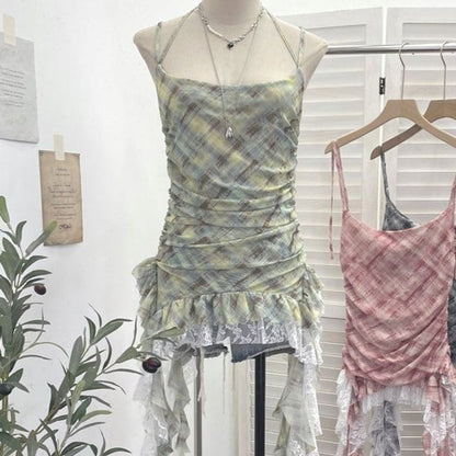 Plaid Asymmetrical Lace Panel Camisole