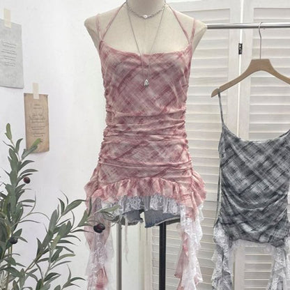 Plaid Asymmetrical Lace Panel Camisole