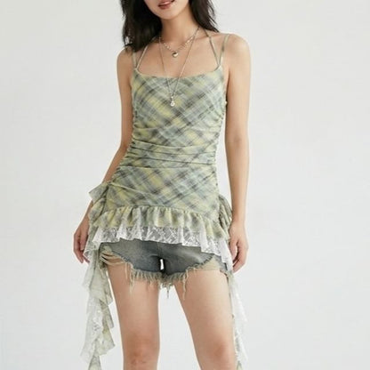 Plaid Asymmetrical Lace Panel Camisole