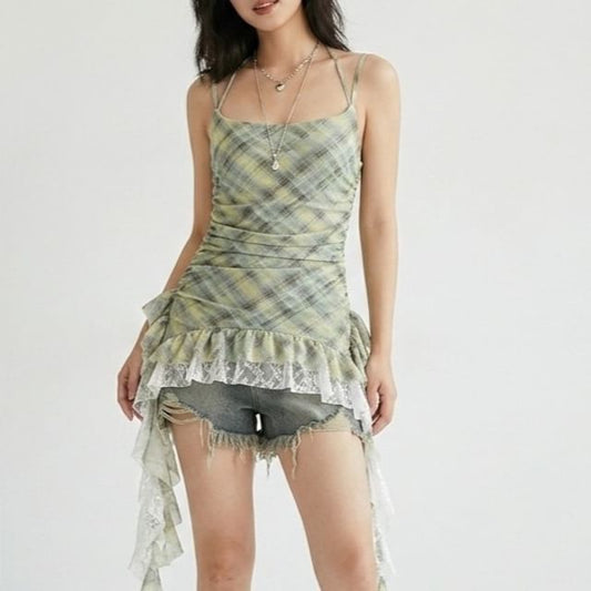 Plaid Asymmetrical Lace Panel Camisole