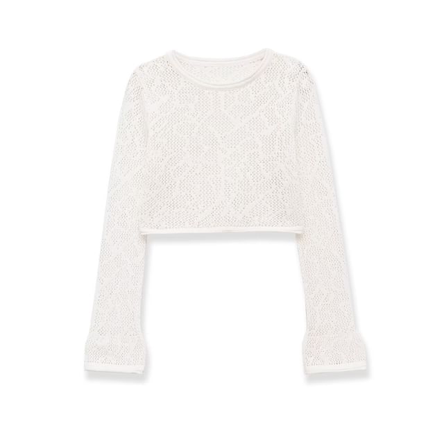Long-Sleeve Crew Neck Plain Perforated Crop Knit Top