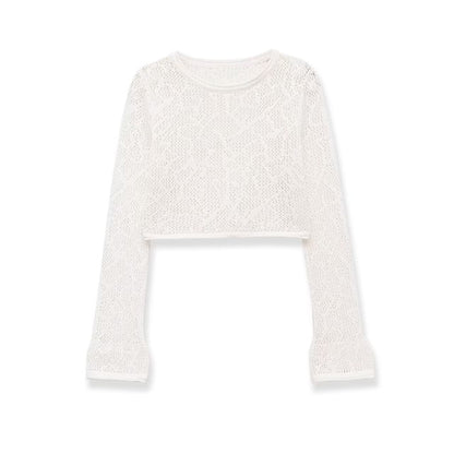 Long-Sleeve Crew Neck Plain Perforated Crop Knit Top
