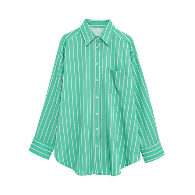Long-Sleeve Striped Button-Up Oversized Shirt
