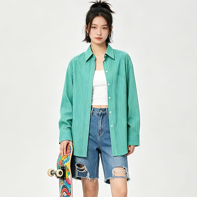 Long-Sleeve Striped Button-Up Oversized Shirt