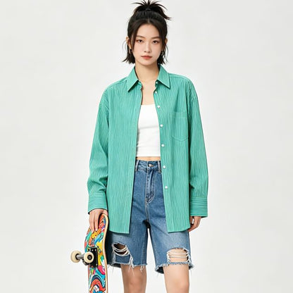 Long-Sleeve Striped Button-Up Oversized Shirt