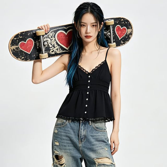 V-Neck Lace Panel Button-Up Crop Camisole Top