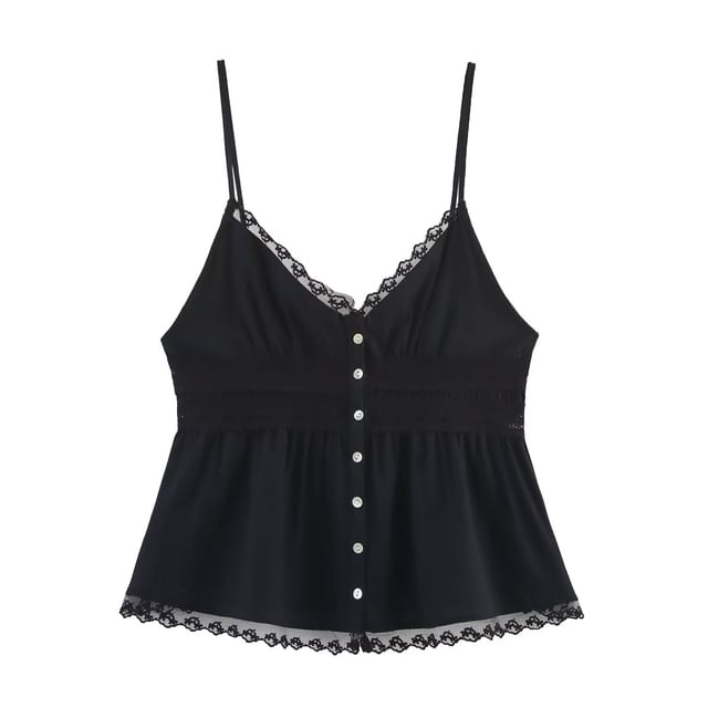 V-Neck Lace Panel Button-Up Crop Camisole Top