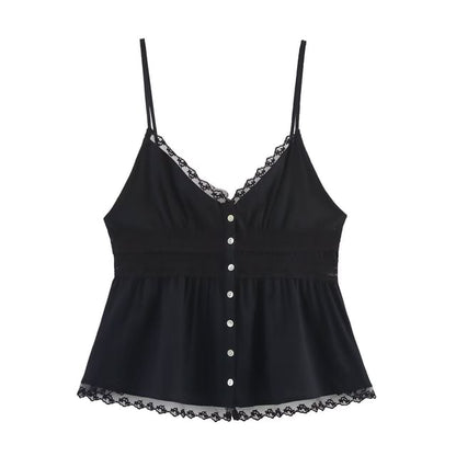 V-Neck Lace Panel Button-Up Crop Camisole Top