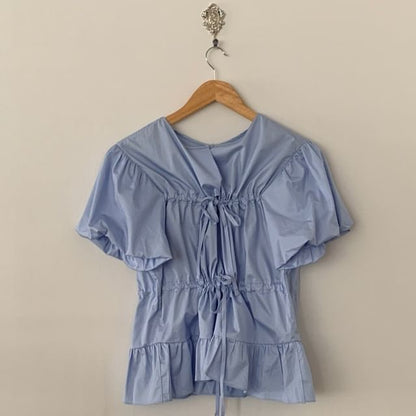 Short-Sleeve Crewneck Button-Up Plain Flowy Blouse