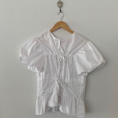 Short-Sleeve Crewneck Button-Up Plain Flowy Blouse
