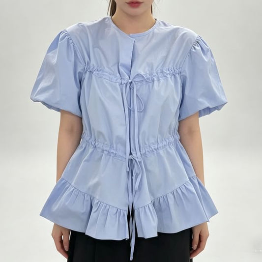 Short-Sleeve Crewneck Button-Up Plain Flowy Blouse