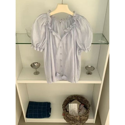 Short-Sleeve Frill Trim Button-Up Plain Blouse