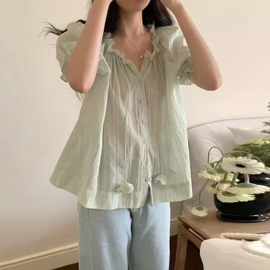 Short-Sleeve Frill Trim Button-Up Plain Blouse