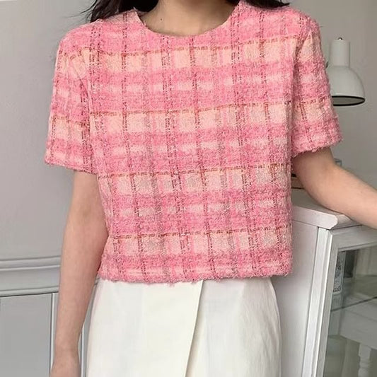 Short-Sleeve Crewneck Plaid Knit Top