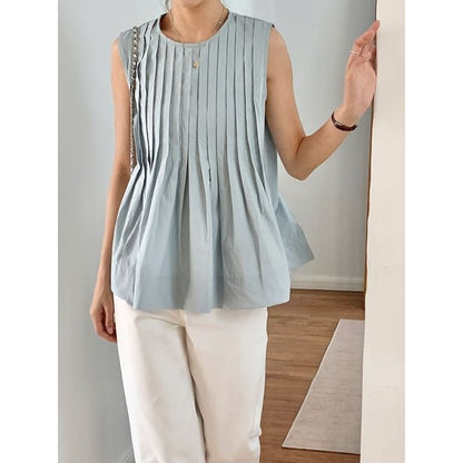 Sleeveless Crewneck Pleated Plain Flowy Blouse