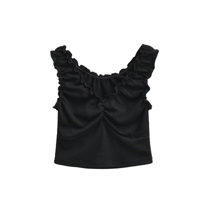 Ruffle Trim V-Neck Sleeveless Crop Top