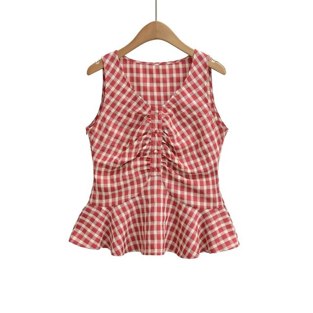 Plaid Ruched Peplum V-Neck Top