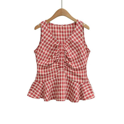 Plaid Ruched Peplum V-Neck Top