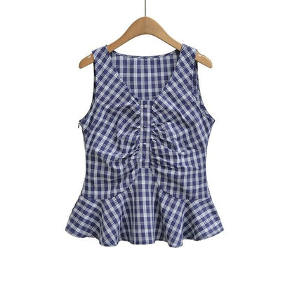 Plaid Ruched Peplum V-Neck Top