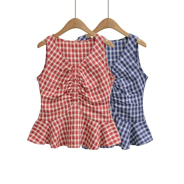 Plaid Ruched Peplum V-Neck Top