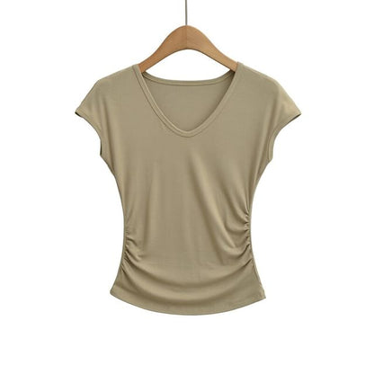 Ruched Cap Sleeve V-Neck Tee