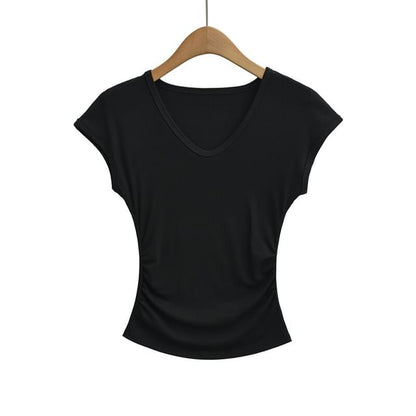 Ruched Cap Sleeve V-Neck Tee