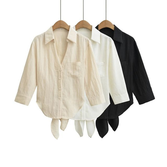 Tie Back V-Neck 3/4 Sleeve Shirt