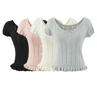 Ribbed Knit Bow Ruffle Scoop Neck Top