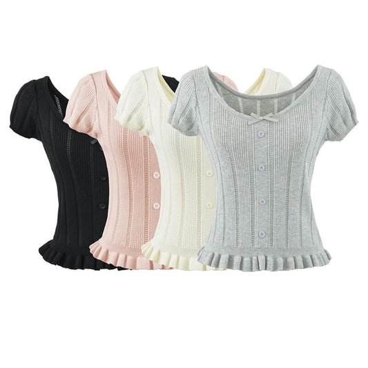 Ribbed Knit Bow Ruffle Scoop Neck Top
