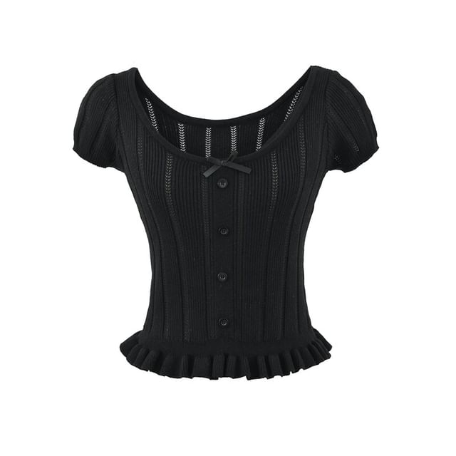 Ribbed Knit Bow Ruffle Scoop Neck Top