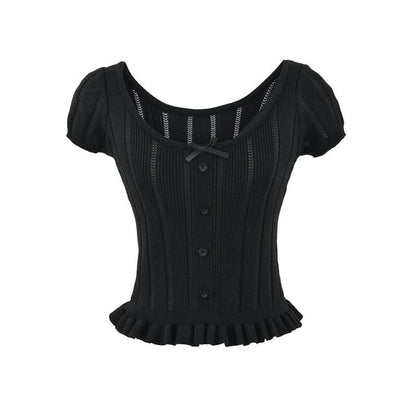Ribbed Knit Bow Ruffle Scoop Neck Top
