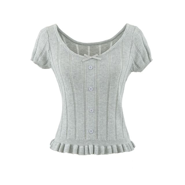 Ribbed Knit Bow Ruffle Scoop Neck Top