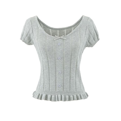 Ribbed Knit Bow Ruffle Scoop Neck Top