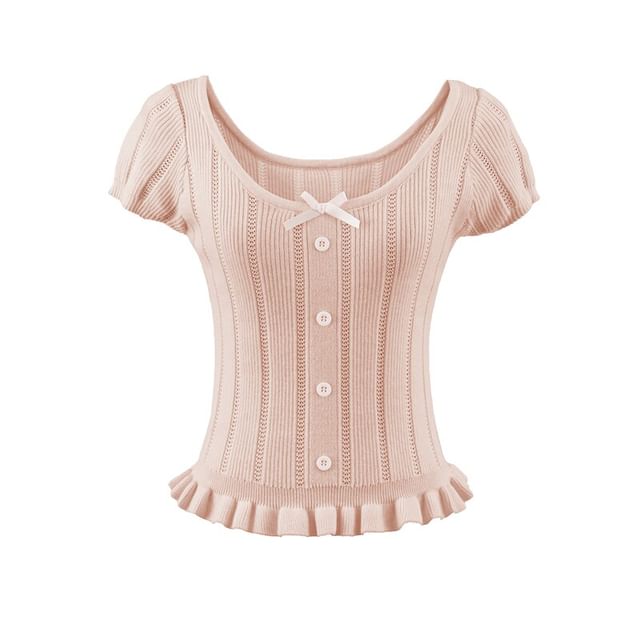 Ribbed Knit Bow Ruffle Scoop Neck Top