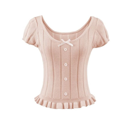 Ribbed Knit Bow Ruffle Scoop Neck Top