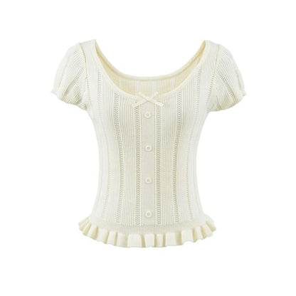 Ribbed Knit Bow Ruffle Scoop Neck Top