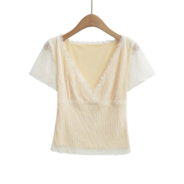 Lace Overlay V-Neck Short Sleeve Top