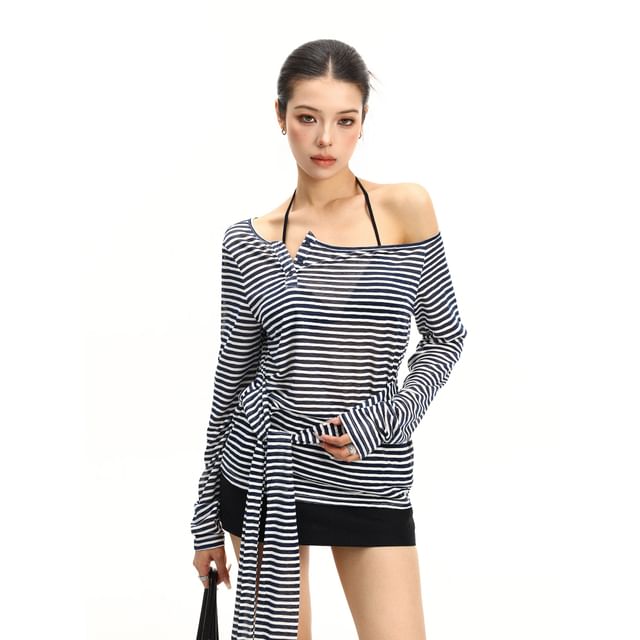 Long-Sleeve Off-Shoulder Striped Tie Waist T-Shirt
