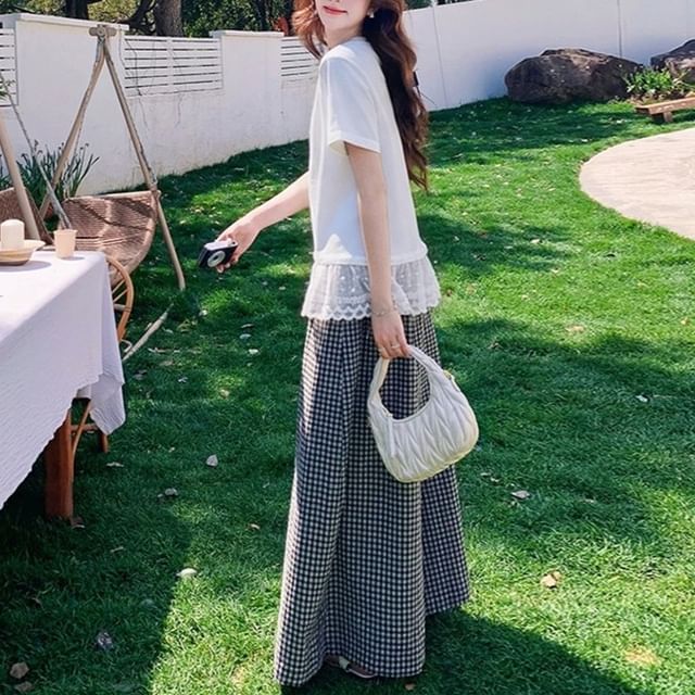 Maternity Crew Neck Lace Panel Tee & High Waist Checked Culottes