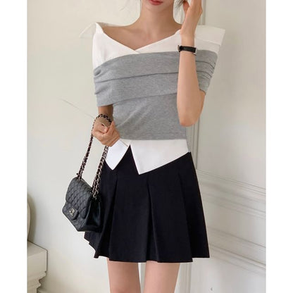 Short-Sleeve Off-Shoulder Two-Tone Ruched Blouse