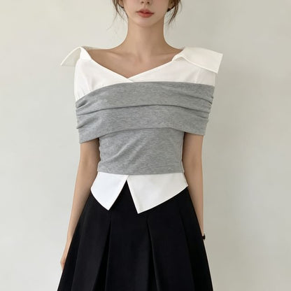 Short-Sleeve Off-Shoulder Two-Tone Ruched Blouse