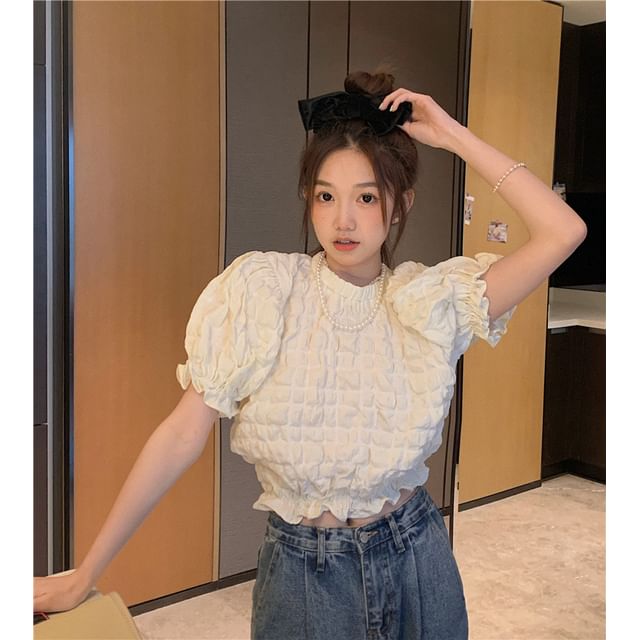 Short Sleeve Round Neck Waffle Textured Crop Blouse