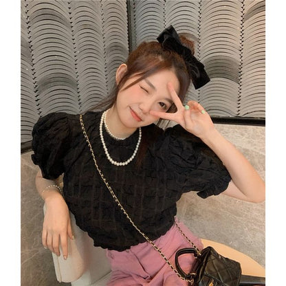 Short Sleeve Round Neck Waffle Textured Crop Blouse