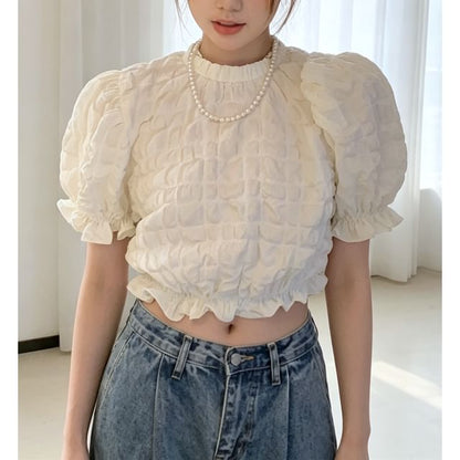 Short Sleeve Round Neck Waffle Textured Crop Blouse