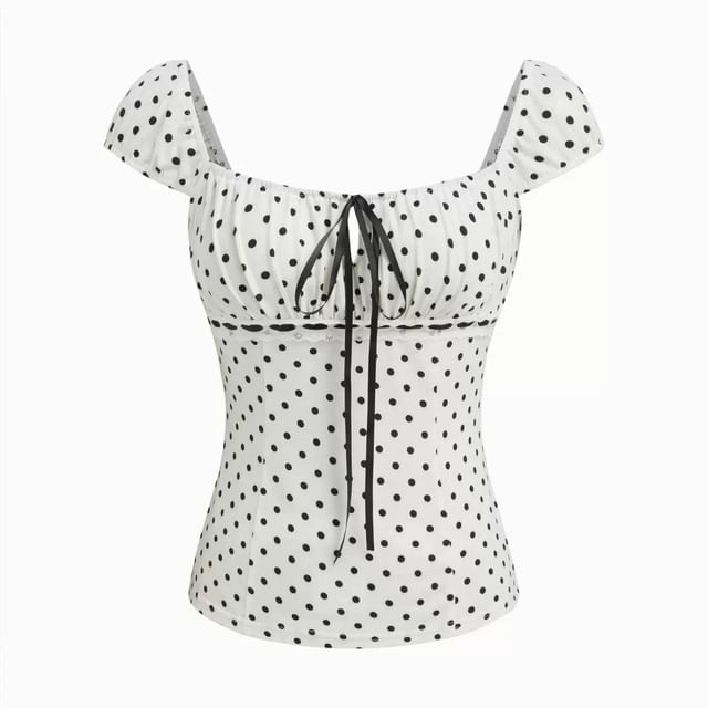 Cap Sleeve Square Neck Dotted Bow Top