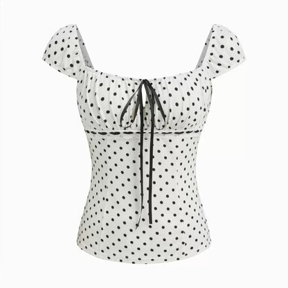 Cap Sleeve Square Neck Dotted Bow Top