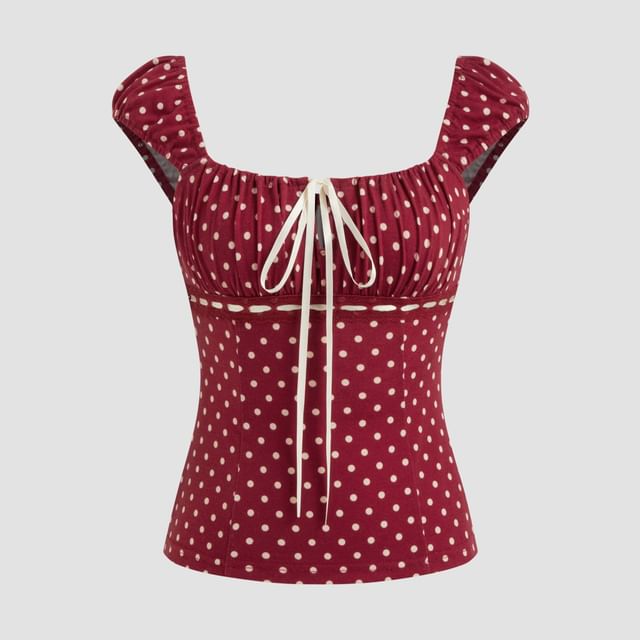 Cap Sleeve Square Neck Dotted Bow Top