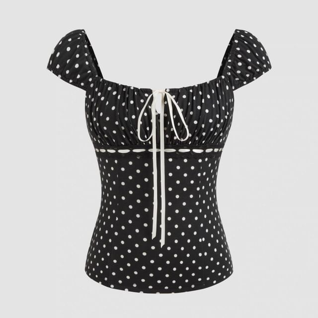 Cap Sleeve Square Neck Dotted Bow Top