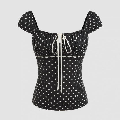 Cap Sleeve Square Neck Dotted Bow Top